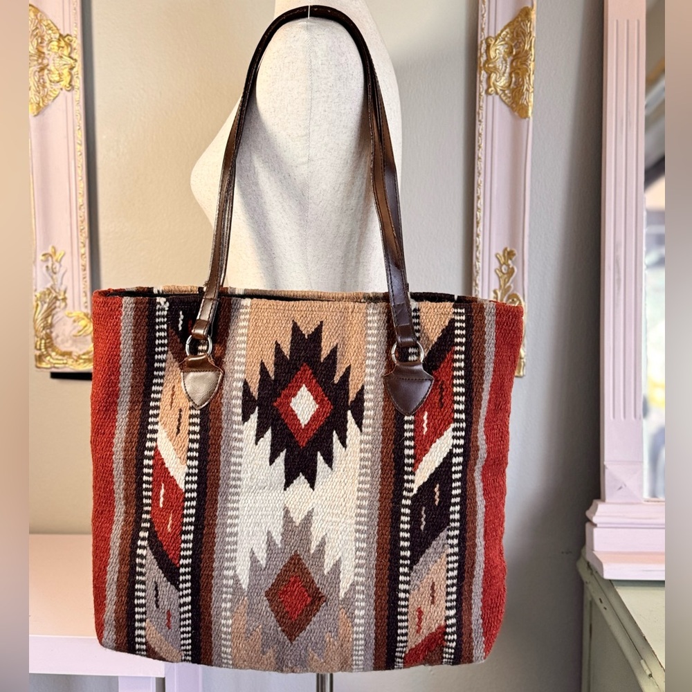 Southwest Style Carpet Bag Tote with Leather Straps - Picture 3 of 8